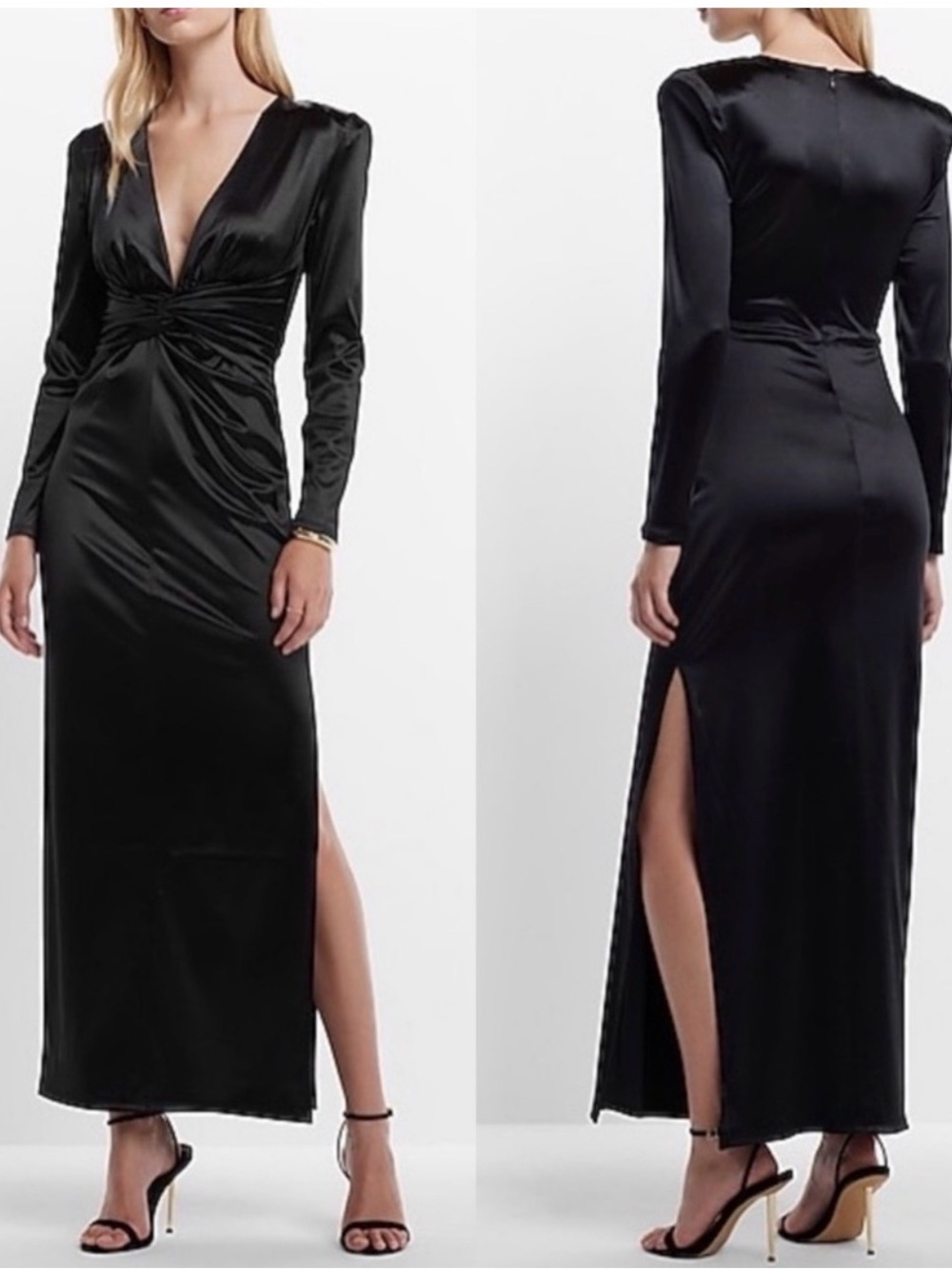 Express Black Satin Twist-Front Long-Sleeve Maxi Dress